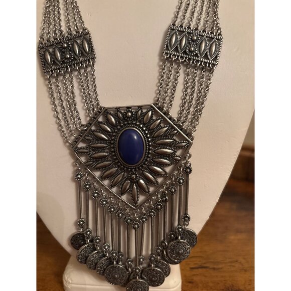 Boho Gypsy Coin Bib Necklace Bold Silver Statement With Blue Stone - Picture 15 of 16